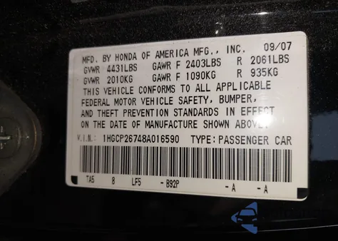 2008 Honda Accord 2.4 Ex from USA, damaged, VIN 1HGCP26748A016590